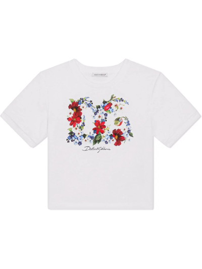 Shop Dolce & Gabbana Floral Logo-print Cotton T-shirt In White