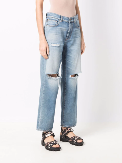 Shop Love Moschino Distressed Straight-leg Jeans In Blue