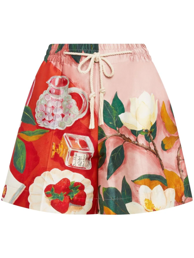 Shop Oscar De La Renta Floral-print Satin Shorts In Pink