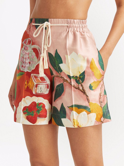 Shop Oscar De La Renta Floral-print Satin Shorts In Pink