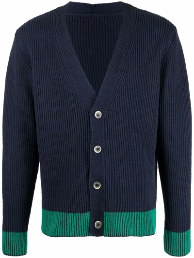Shop Jacquemus Le Cardigan Limone Ribbed V-neck Cardigan In Blue