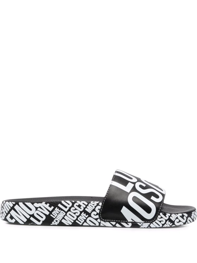 Shop Love Moschino Logo-print Slides In Black