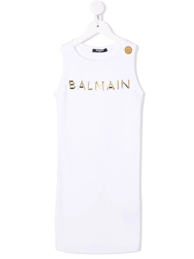Shop Balmain Debossed-logo Cotton Dress In White