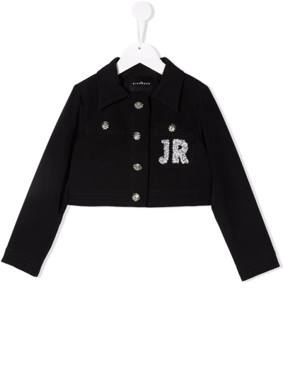 Shop John Richmond Junior Sequin-logo Cropped Denim Jacket In Black