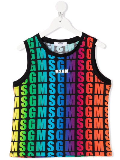 Msgm Tank Top With All-over Multicolor Logo In Blue