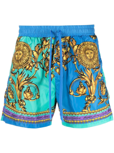 Shop Versace Jeans Couture Baroque-pattern Print Shorts In Blau