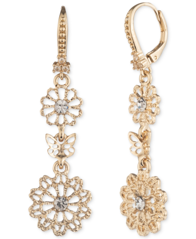 Shop Marchesa Gold-tone Crystal Filigree Flower & Butterfly Triple Drop Earrings