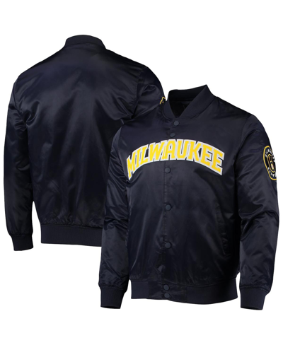 Shop Pro Standard Men's  Navy Milwaukee Brewers Wordmark Satin Full-snap Jacket