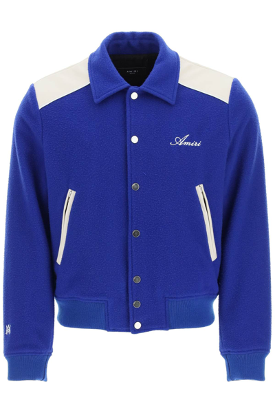 Shop Amiri Varsity Jacket With Embroidered Logo In Blue,beige