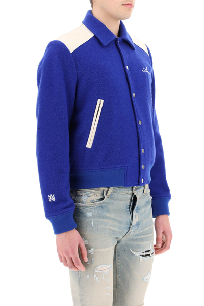 Shop Amiri Varsity Jacket With Embroidered Logo In Blue,beige