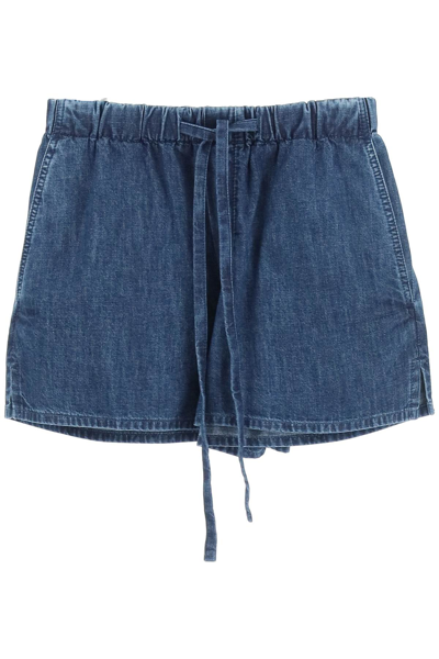 Shop Valentino Chambray Denim Shorts In Blue