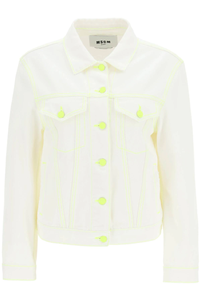 Shop Msgm Denim Jacket With Fluorescent Stiching In White,yellow