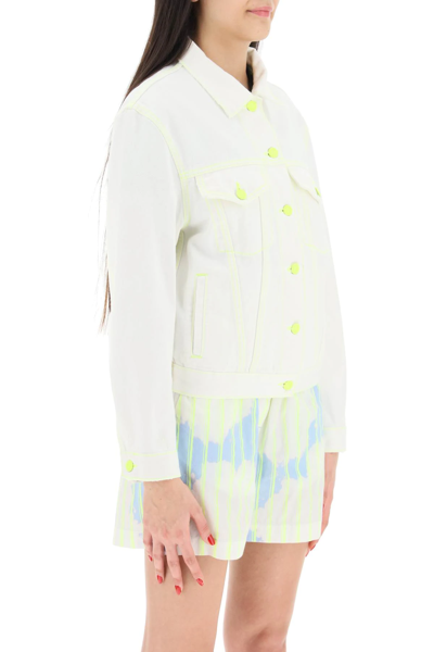 Shop Msgm Denim Jacket With Fluorescent Stiching In White,yellow