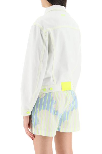 Shop Msgm Denim Jacket With Fluorescent Stiching In White,yellow