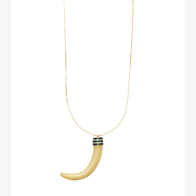 Shop Tory Burch Horn Pendant Necklace In Rolled Gold / Tory Navy / New Ivory