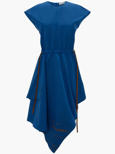 Shop Jw Anderson Cap Sleeve Asymmetric Midi Dress In Blue