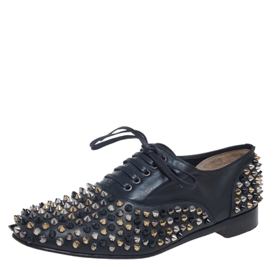 Pre-owned Christian Louboutin Black Leather Freddy Spike Lace-up Oxfords Size 39.5