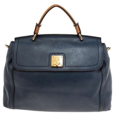 Pre-owned Mcm Blue Leather Turn Lock Flap Top Handle Bag