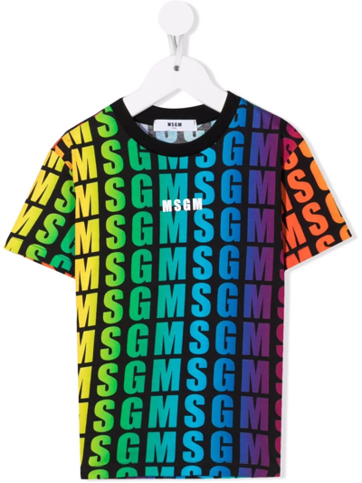 Msgm Kids Black T-shirt With All-over Printed Multicolor Logo In Blue