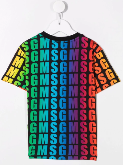 Msgm Kids Black T-shirt With All-over Printed Multicolor Logo In Blue