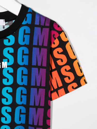Msgm Kids Black T-shirt With All-over Printed Multicolor Logo In Blue