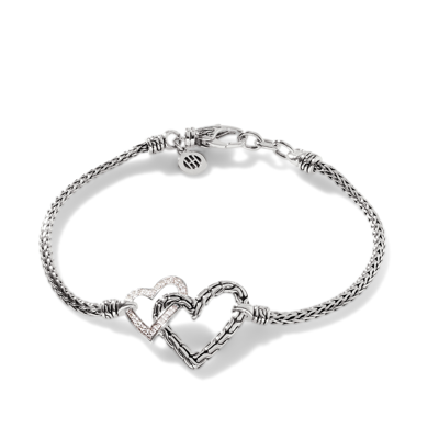 John Hardy Sterling Silver Classic Chain Manah Diamond Pave Double Heart Chain Bracelet In Silver