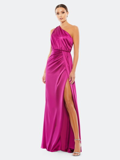 Shop Mac Duggal One-shoulder Satin Faux Wrap Gown In Berry