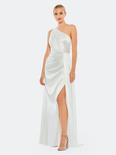 Shop Mac Duggal One-shoulder Satin Faux Wrap Gown In White