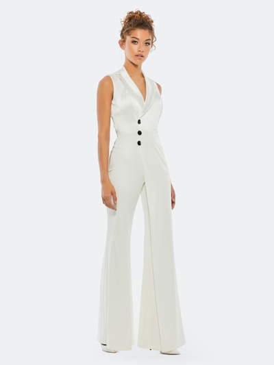 Shop Mac Duggal Asymmetrical Sleeveless Tuxedo Jumpsuit In White