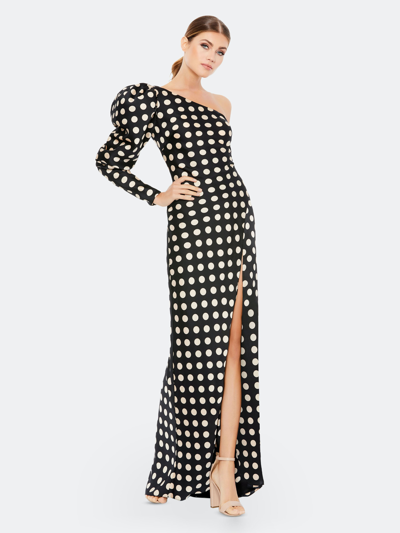 Shop Mac Duggal Polka Dot One-shoulder Puff Sleeve Gown In Black White00
