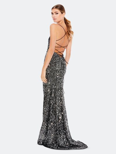 Shop Mac Duggal Sequin Lace-up Trumpet Gown In Dark Silver