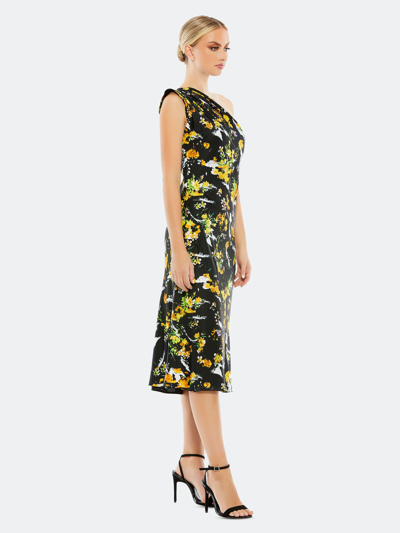 Shop Mac Duggal Floral Print One-shoulder Midi Dress In Black Multi
