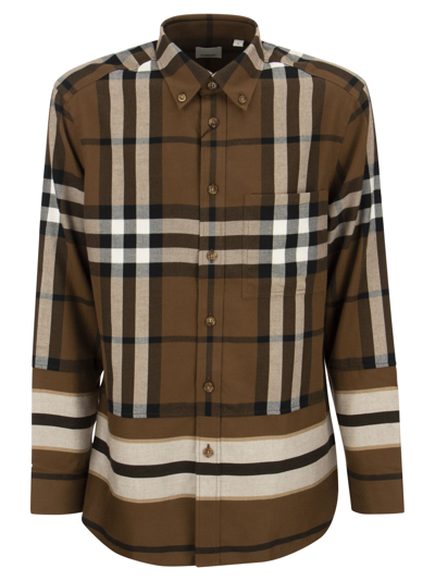 Shop Burberry Stretch Cotton Poplin Shirt With Tartan Pattern In Marrone