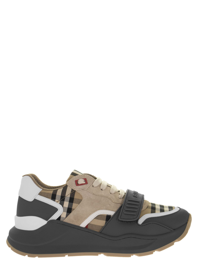 Shop Burberry Vintage Check, Suede And Leather Sneakers In Beige