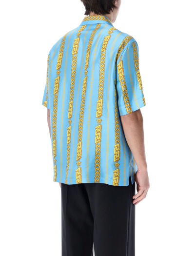 Shop Versace Chain Pinstripe Print Bowling Shirt In Sky Multicolor