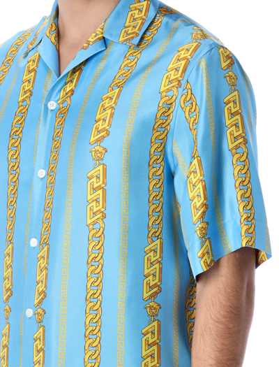 Shop Versace Chain Pinstripe Print Bowling Shirt In Sky Multicolor
