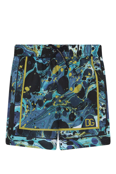 Shop Dolce & Gabbana Nylon Swim Trunks With Marbled Print In Multicolor