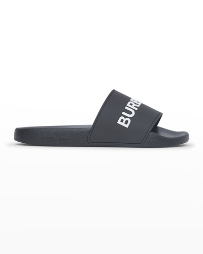 Shop Burberry Furley Bicolor Logo Slide Sandals In Blackopticwhite