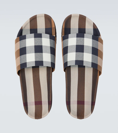 Shop Burberry Checked Slides In Birch Brown Ip Check