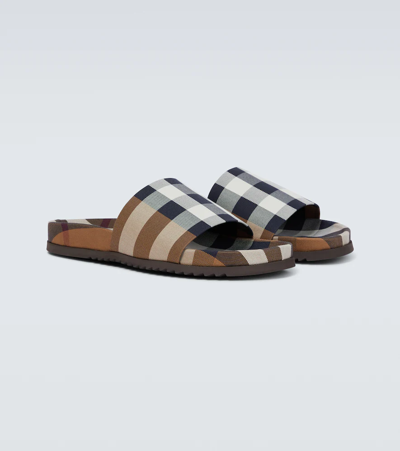 Shop Burberry Checked Slides In Birch Brown Ip Check
