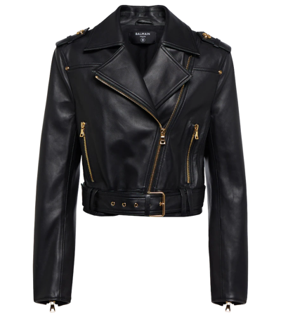Shop Balmain Leather Biker Jacket In Noir