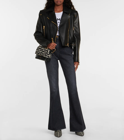 Balmain Cropped Leather Biker Jacket In Black