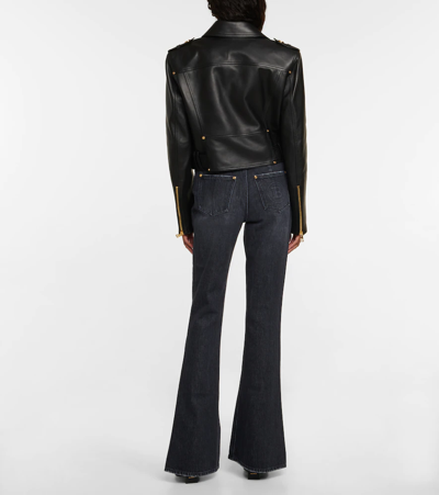Balmain Cropped Leather Biker Jacket In Black
