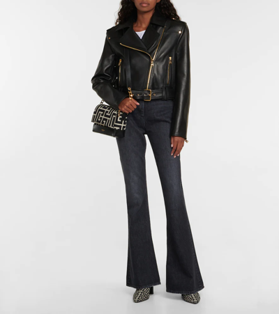 Balmain Cropped Leather Biker Jacket In Black
