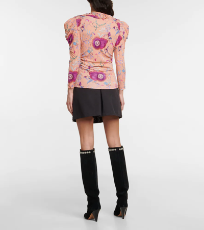 Isabel Marant Jen Floral-print Ruched Puff-sleeve Blouse In Papaya