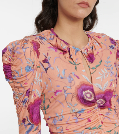 Isabel Marant Jen Floral-print Ruched Puff-sleeve Blouse In Papaya