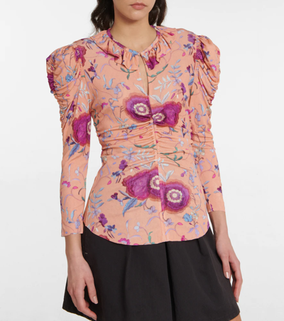 Isabel Marant Jen Floral-print Ruched Puff-sleeve Blouse In Papaya