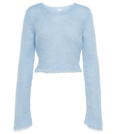 Shop Saint Laurent Cropped Mohair-blend Sweater In Bleu Ciel