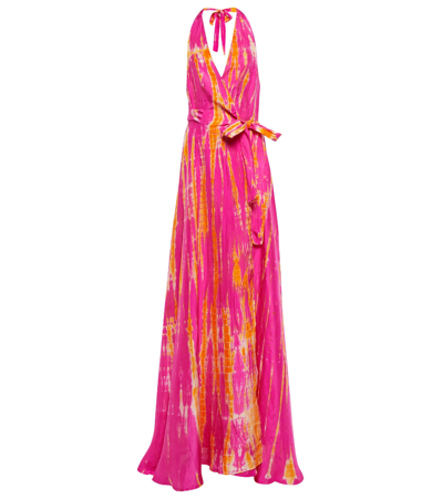 Shop Anna Kosturova Tie-dye Silk Halterneck Maxi Dress In Magenta Tangerine