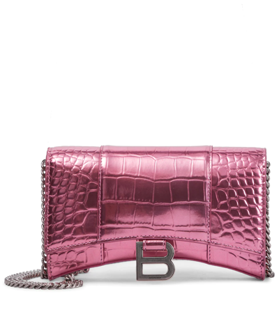 Shop Balenciaga Hourglass Leather Wallet On Chain In Pink